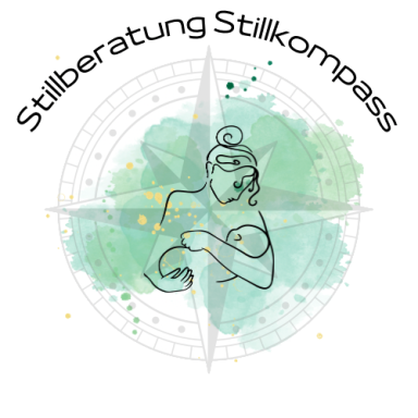 Minimalist Illustration einer stillenden Mutter mit Kompass und grünem Wasserfarbenhintergrund. Darüber steht "Stillberatung Stillkompass".